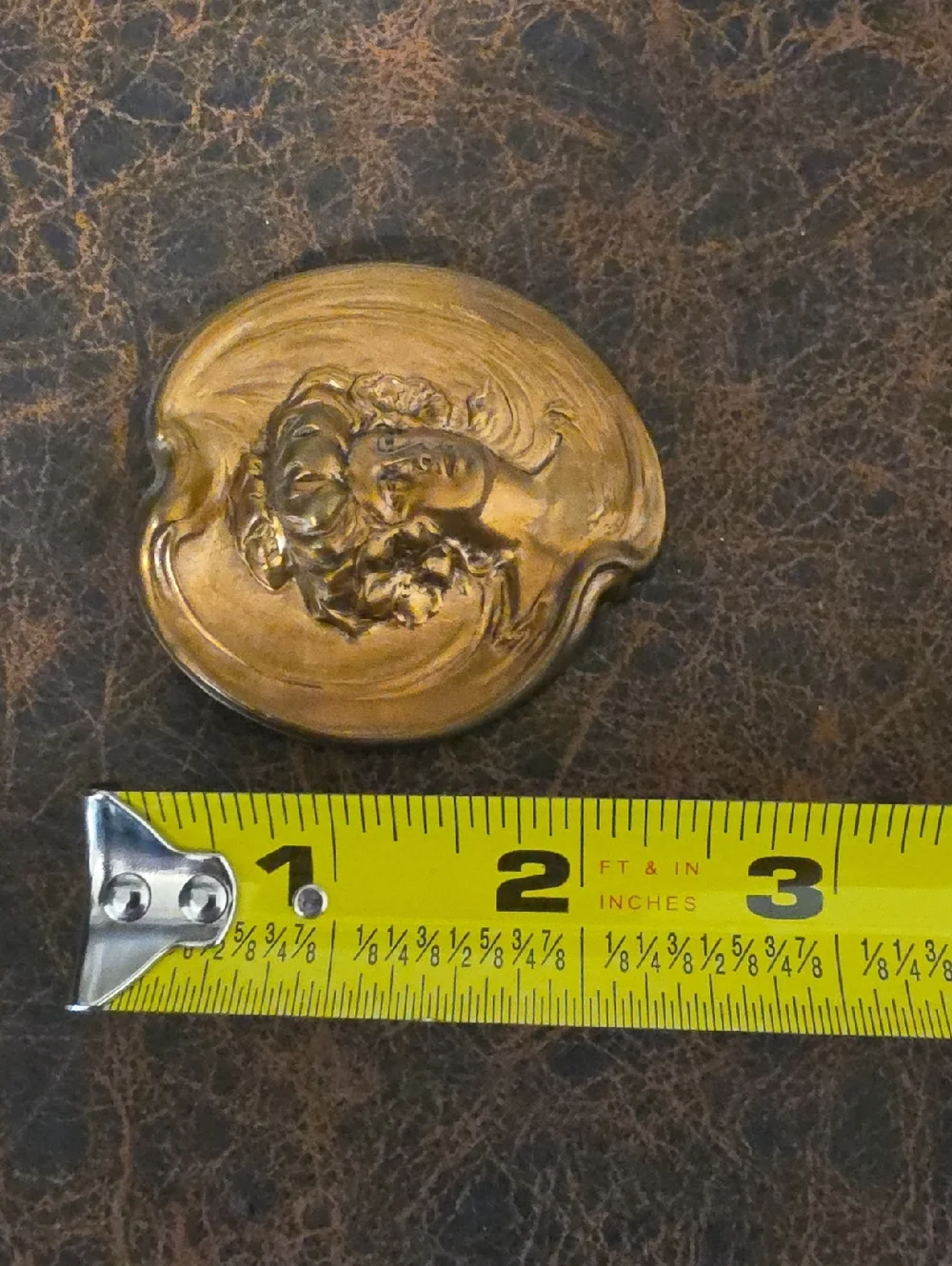 Vintage Art Nouveau Gold Color Metal Woman's Portrait Head Ornate Brooch